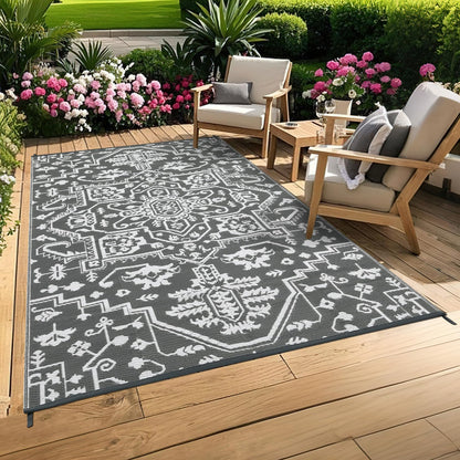 Jojoka Waterproof Reversible Outdoor Rug, Durable Plastic Straw Medallion Mat, UV-Resistant Easy Clean All-Weather Carpet for Patio, Backyard, Porch, Deck, Camping & RV
