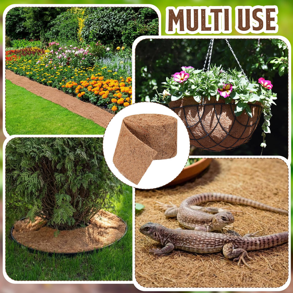 Tinideya 6 Pcs Natural Mulch Roll for Landscaping 118'' x 4.5'' Per Roll Coconut Fiber Mulch Mat with 60 U-Shaped Steel Stakes Cuttable Coconut Liner for Garden Edgings Wrap Trunk Planter Pet Pad