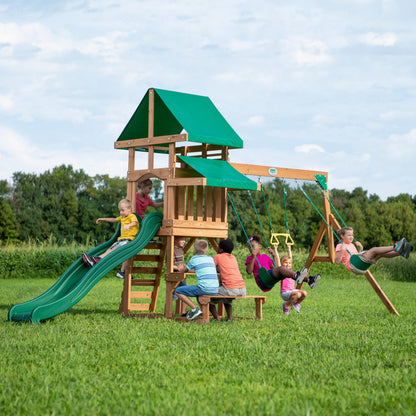 Backyard Discovery Belmont Cedar Wood Swing Set with Wave Slide, Play Deck, Rock Wall Ladder, Snack Bar Window, Shaded Picnic Area, Bench, Belt Swings, Trapeze, Sandbox Area, Canopy, Outdoor Playset