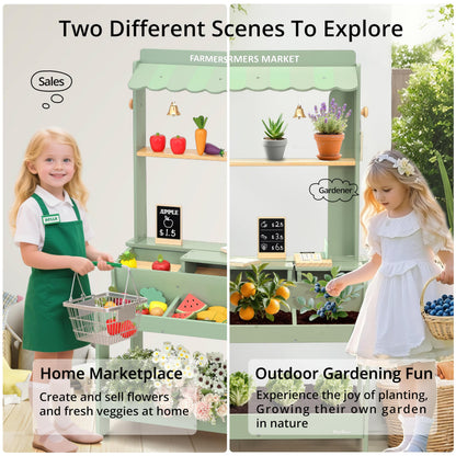 PairPear Wooden Mud Grocery Stand, 2-in-1 Outdoor Market Stand & Mud Kitchen for Kids Outdoor, Montessori Pretend Play Toy with 14 Accessories, Cash Register & Play Food, Ages 3+ in Green