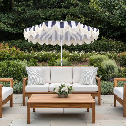 JONATHAN Y UMB1003N Mariner 6.5 ft. Cottage Fringe Tassel Market Beach Umbrella with Push Button Tilt, Wind Vent and UV Protection, and Matching Carry Bag in Navy and White Stripe/Cream, White Pole