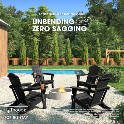 THOEOE Folding Adirondack Chair,HDPE All-Weather Outdoor Chair with Cup Holder,Wooden Textured,Fire Pit Chair,Plastic Patio Chair for Deck,Backyard,Garden,Lawn, Black