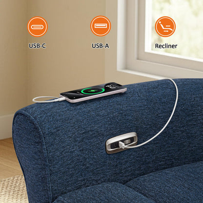 MCombo Compact Wall Hugger Power Recliner Chair for Small Spaces, Dual USB-A/C Ports, Rolled Arm Recliner for Living Room & RV, Fabric PR520 (Fabric, Navy Blue, Small)
