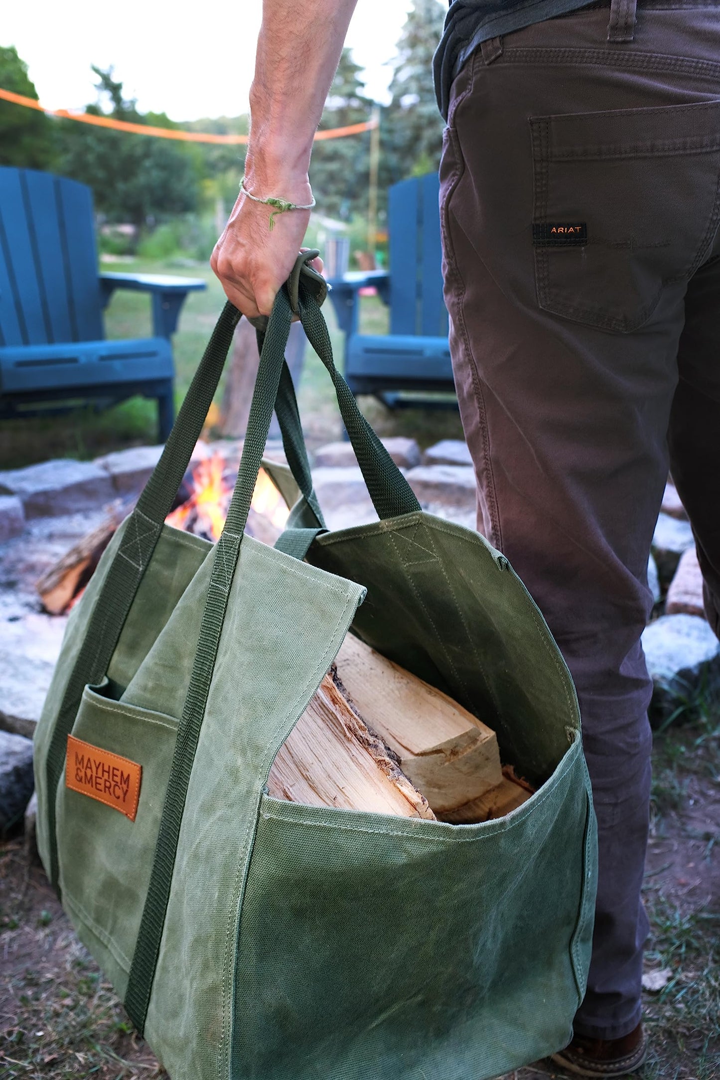MAYHEM & MERCY Extra Large Waxed Canvas Firewood Carrier Tote – Heavy Duty Log Bag with Handles & Pocket – Self-Standing Wood Holder for Fireplace, Camping, and Outdoor Use – Hunter Green