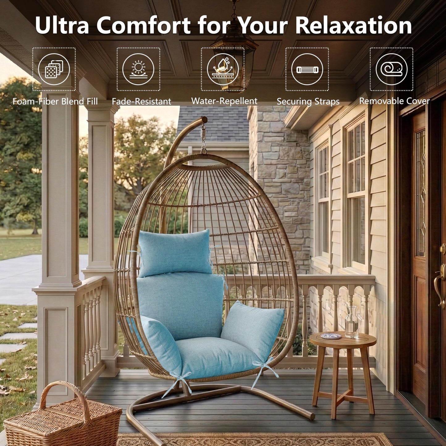 Honorbox Egg Chair Cushion with 8 Securing Straps, Water-Repellent & Fade-Resistant Faux Linen, Removable Cover, Replacement Cushion for Most Single Outdoor Hanging Swing Egg Chairs – Teal