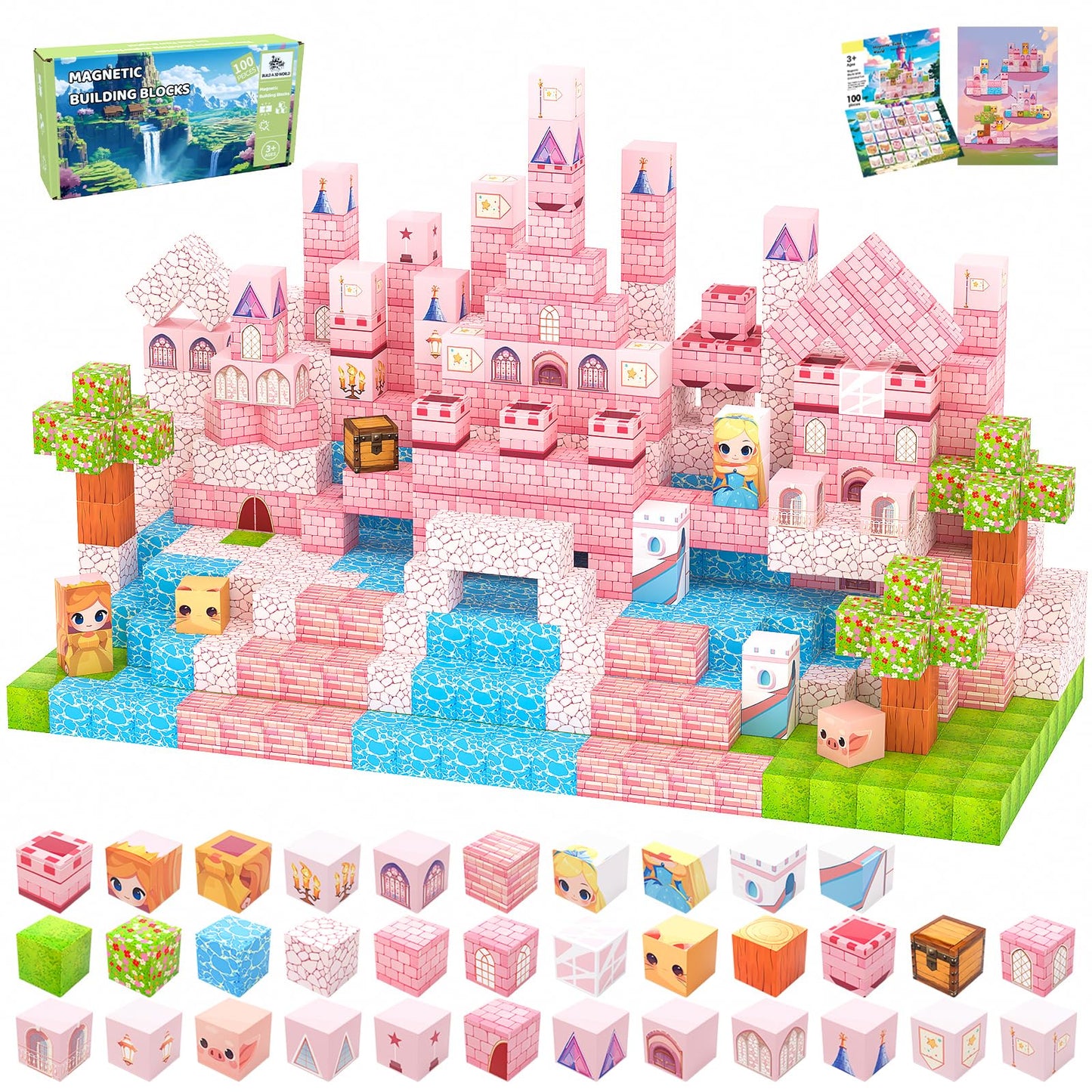 SSAWER Magnetic Blocks, 100PCS Magnetic Tiles Building Blocks, Magnet Cubes STEM Sensory Game Toys Christmas Birthday Gifts for Kids Girls Age 3+ (Princess Castle)