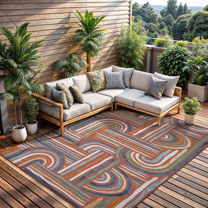 CAMILSON Indoor Outdoor Rug, Orange 8x10 Geometric Arch Striped Area Rugs for Patio and Home Areas, Easy-Cleaning Non-Shedding Living Room, Garden and Deck Washable Outside Carpet (8 x 10)