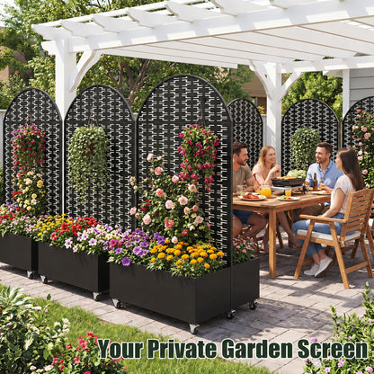 Veemuaro Metal Planter Box with Trellis, 70" H × 46" L Freestanding Outdoor Raised Garden Bed with Privacy Screen, Wheels and Drainage Holes, Arched Privacy Screen Planter Box for Backyard and Garden