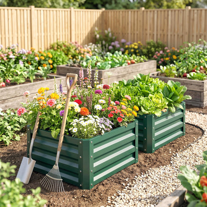 Outsunny 2 Piece Galvanized Raised Garden Bed, 2' x 2' x 1' Metal Planter Box for Growing Vegetables, Flowers, Herbs, Succulents, Green
