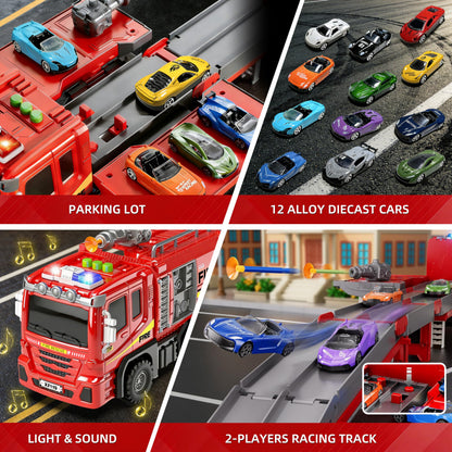 3in1 Fire Truck Toy with Foldable Race Track & 12 Diecast Race Cars Toys, Fire Trucks for Toddlers 3-5 with Lights & Sounds, Carrier Truck Car Kids Toy Gift for Age 3 4 5 6+ Year Old Boys Girls