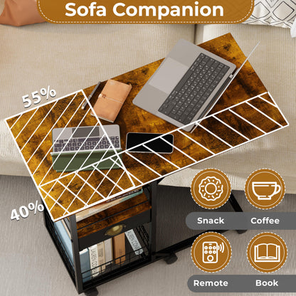 Rolling Coffee Table with Oversized Double-Wide Wood Top, Mobile Tv Tray with Storage Drawer and Wheels for Sofa, Portable Side Table for Living Room, Home Office, Spacious Desk for Working Studying