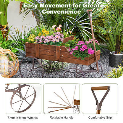 HAPPYGRILL Wooden Wagon Planter, 24.5” x 13.5” x 24” Decorative Garden Planter w/ 2 Planting Sections, Wheels, Handle, Small Decorated Cart, Flower Planter Box for Indoor Outdoor Patio (Brown)