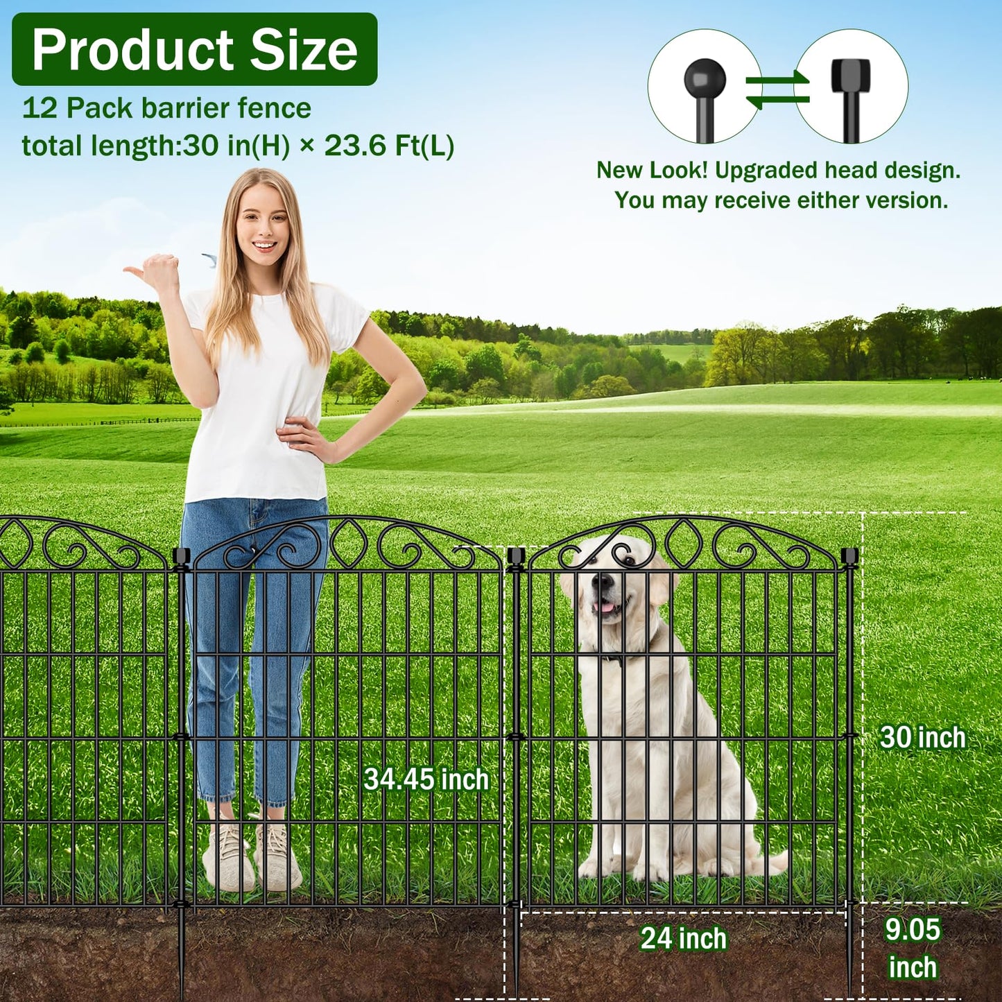 Garden Fence 12 Panel with Gate - 30in H x 23.6ft L, No Dig Rustproof Metal Tall Animal Barrier for Dogs Rabbits, Decorative Outdoor Border for Yard, Patio, and Flower Beds