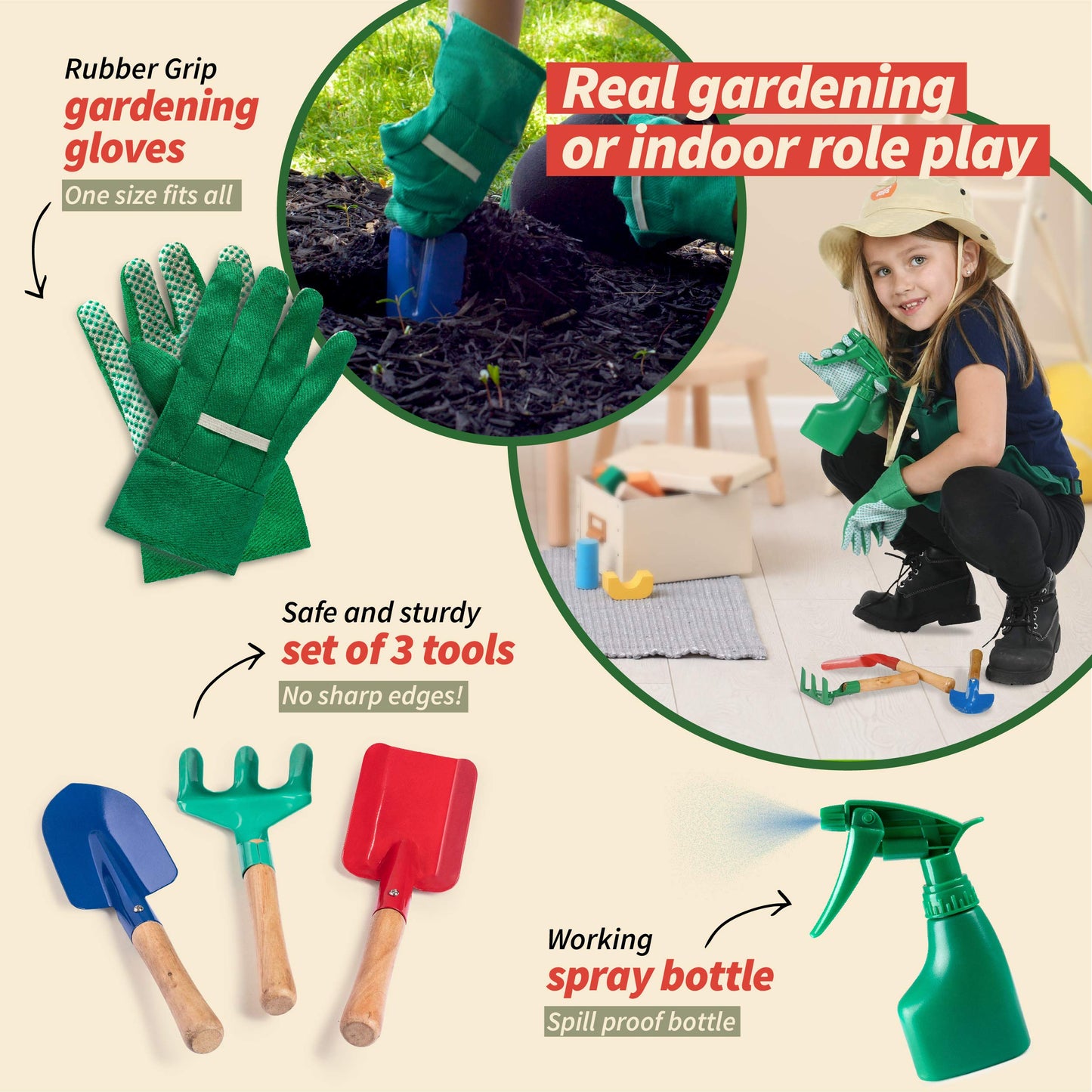 Born Toys Kids Garden Set for Boys & Girls Ages 3-7, Toddler Gardening Kit with Kids Gardening Tools - Gardening Apron, Gloves, Hat, Working Spray Bottle, Trowel Shovel & Rake, Outdoor Activity Toys