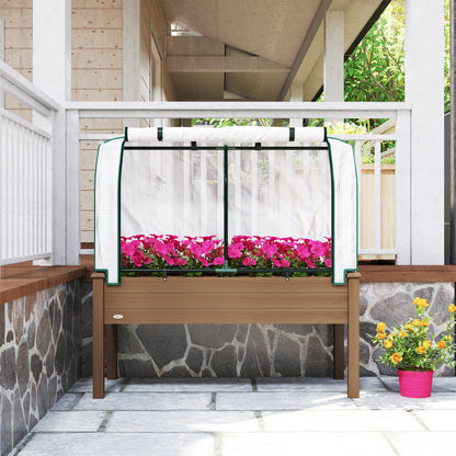 Outsunny Raised Garden Bed with PE Greenhouse Cover Outdoor Elevated Wood Planter Box for Herbs and Vegetables, Use for Patio, Backyard, Balcony, 48 x 22 x 46 inch, Brown
