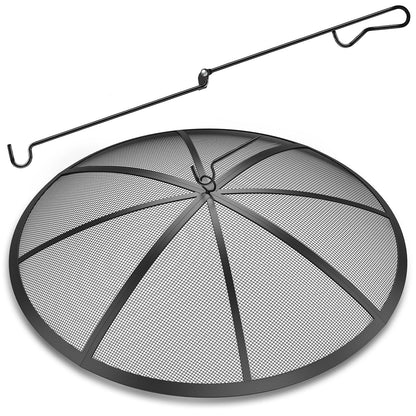 Fire Pit Spark Screen, 40Inch Fire Pit Lid Outdoor with Handle & Poker, Heavy-Duty Mesh Firepit Cove with 12 Reinforced Bars for Backyard/Beach/RV Camping