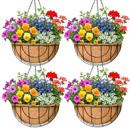EIMQUVW Outdoor Metal Hanging Planters Basket (4pack, 14 inch) Hanging Baskets for Plants Chain Round Wire Plant Holder with Coco Fiber Liners for Garden, Patio, Deck, Porch(Grid)