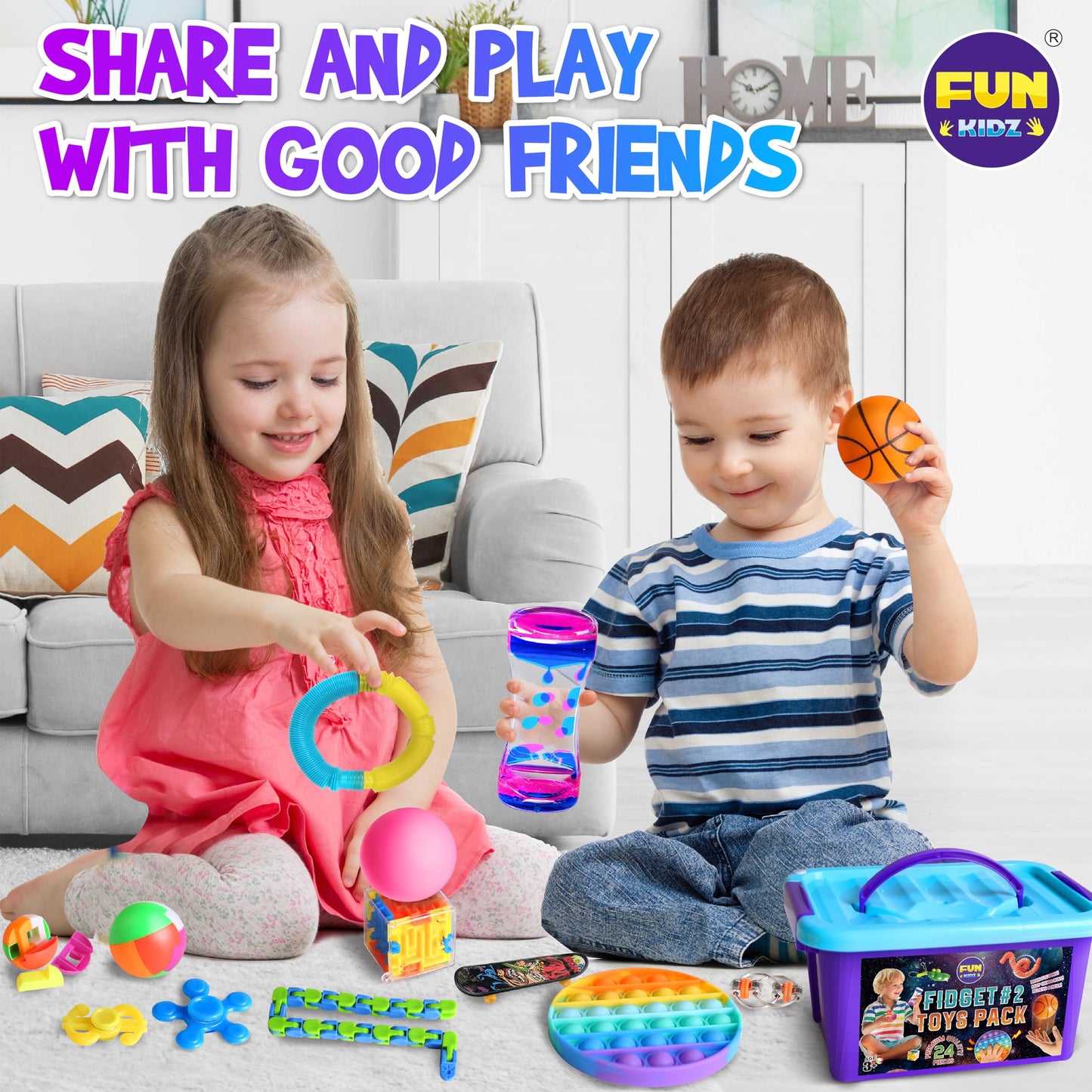 Fidget Pack Box for Boys Girls 4-12, FunKidz Fidget Toys for Kids 5-7 Autistic Sensory Mystery Birthday Gifts in Reusable Portable Treasure Box Nice Party Favors