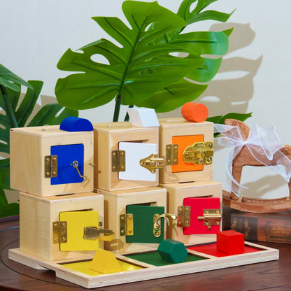 Premium Montessori Large Lock Box with Objects and Tray 15.7in,Wooden 6-Compartment Busy Box,Different Locks with Keys & Matching Objects, Practical Life Activity,Fine Motor Skills, Homeschool