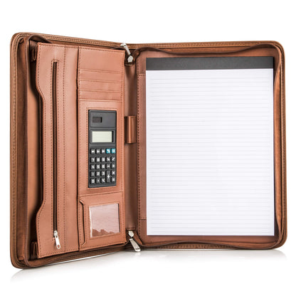 Cossini Premium Business Portfolio with Zipper – Padfolio - Superior Business Impressions Begin with PU Vegan Leather, 10.1 Inch Tablet Sleeve, Smart Storage, Solar Calculator, Writing Pad - Tan