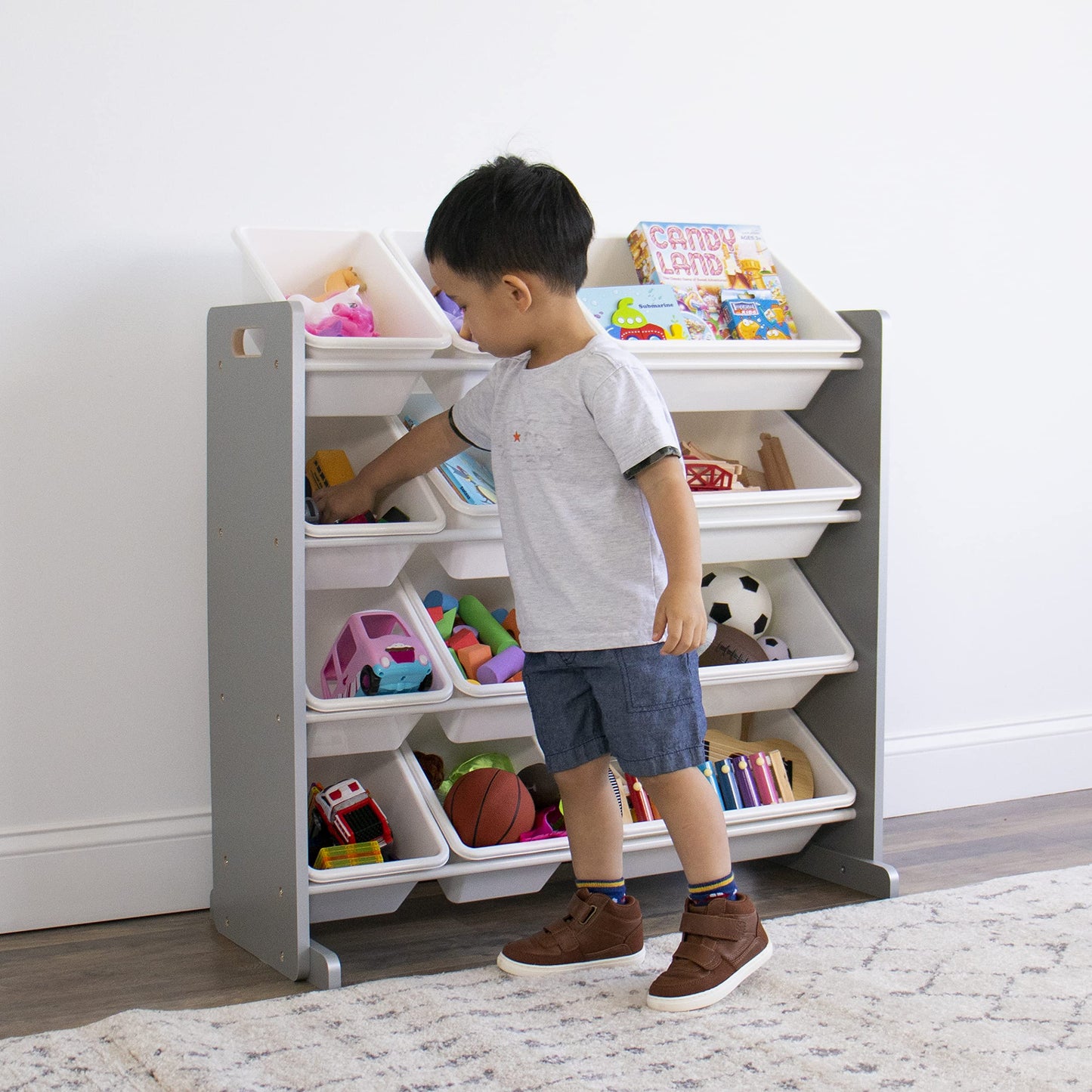 Humble Crew Toy Storage Organizer with 12 Removable Storage Bins for Kids Playroom, 4-Tier Toddler Toy Organization, Grey/White