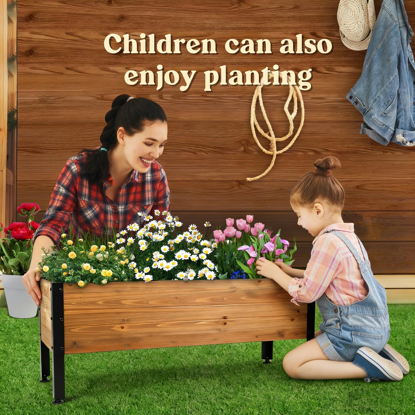 Borsynium Wooden Rectangular Flower Box with Low-Iron Legs, Planting Bed for Flowers and Vegetables, Suitable for Garden and Balcony. Dimensions:39.37 * 13.9 * 12.5 inches