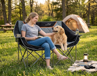 FAIR WIND Oversized Fully Padded Camping Chair Folding Loveseat Camping Couch Double Duo Chair Heavy Duty Quad Fold Arm Chair with Cup Hold - Supports 650 LBS Black