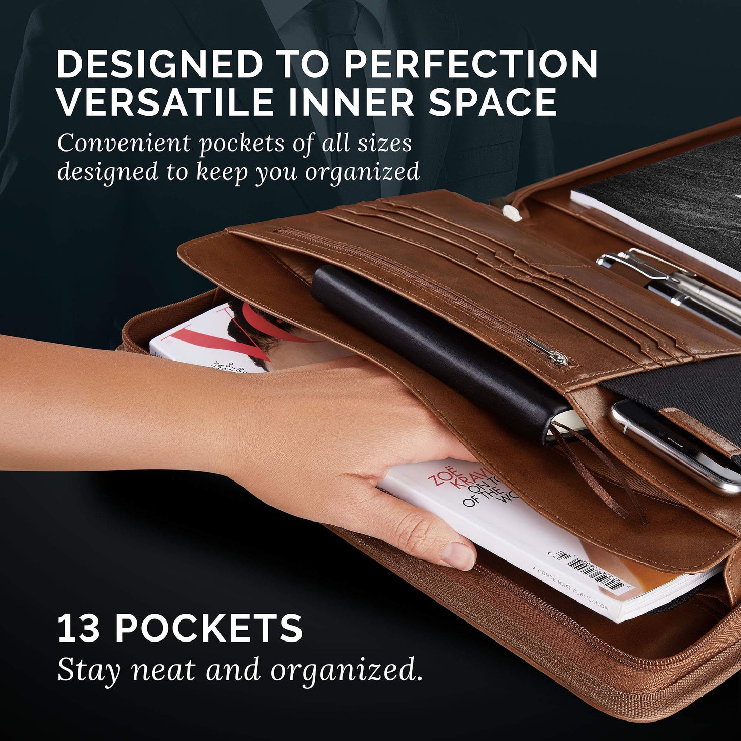 NERO MANETTI- Zippered Vegan Leather Padfolio/Portfolio Pad Holder-Business PU Leather Notepad Folder for Resumes, Interviews, iPad/Tablet, Phone, Legal Pad Notebook Executive Binder for Women, Men