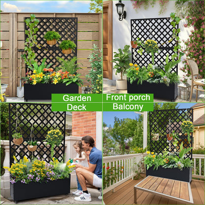 GarveeLife Metal Planter Box with Trellis, 73"x47"x12" Raised Garden Bed with Privacy Screen, Galvanized Steel Outdoor Planter Box with Drainage Holes for Climbing Plants Flowers Vegetables, Black