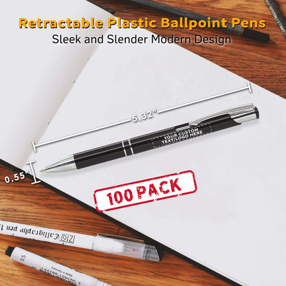 DISCOUNT PROMOS Personalized Retractable Plastic Ballpoint Pens - 100 pack - Plastic Pens - Customizable Text, Logo - Black