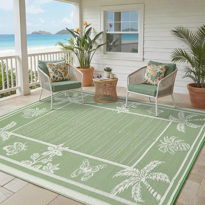 Garvee Outdoor Rug 5x8 Waterproof for Patios, Reversible Plastic Straw Rug, Tropical Leaf Indoor Outdoor Rugs, Large Area Rug for RV, Camping, Deck, Picnic Mat, Outside Carpet, Sage Green & Ivory
