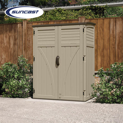 Suncast Outdoor Storage Shed, Water Resistant Resin Vertical Outdoor Storage Cabinet for Patio, Garden Tools, Cushions, & Equipment, Weatherproof Multi-Wall Design, 54 cu. ft., Made in USA