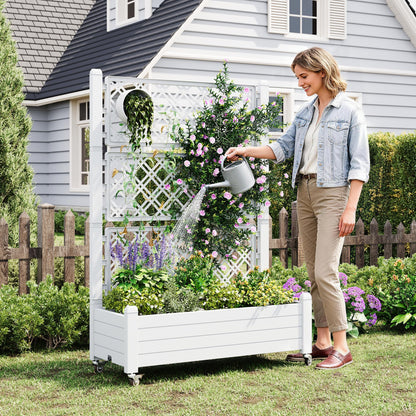 WTFGO Resin Raised Garden Bed with Trellis and Wheels, Planter Box with Trellis Outdoor, Raised Planter with Trellis with Drainage Holes & Water Monitor for Climbing Plants, Ashen(61.2" H)