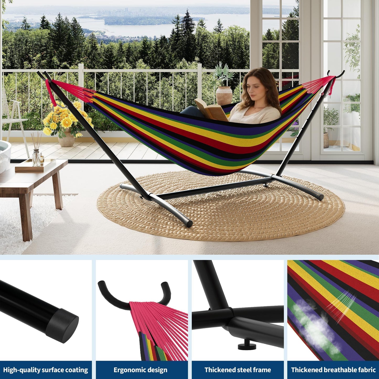 Hammock Chair Outdoor with Stand - Heavy Duty 500LB Capacity Portable Hanging Swing Chair for Patio, Garden, Backyard, Camping -Polyester Blend with Adjustable Steel Frame & Carry Bag