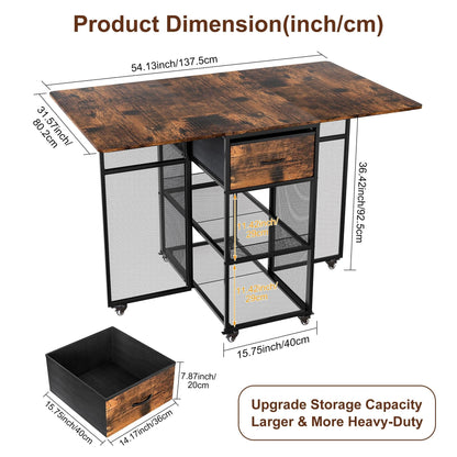 TQVAI Drop Leaf Folding Dining Table 4-6 People Large Heavy Duty Foldable Kitchen Tables with 2 Drawers 6 Wheels 2-Layer Storage Shelf for Small Space Dinging Room Patio Outdoor Camping, Black/Antique