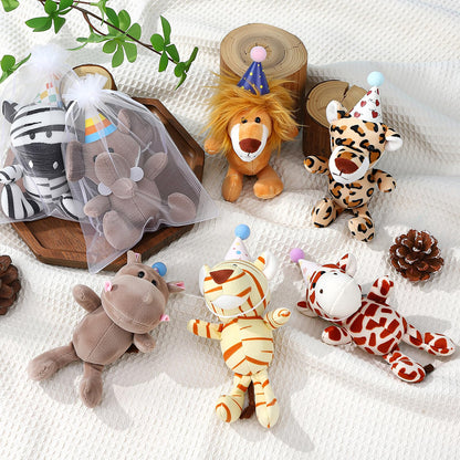 Guiqulai 14 Pcs Mini Jungle Animal Plush Toys Set, Including 14 Pcs Stuffed Safari Forest Animals with Birthday Hats, Organza Bag for Birthday Favor Theme Party