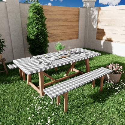 Smiry Picnic Table Cover with Bench Covers, Waterproof Elastic Fitted Tablecloths for 6 Foot Rectangle Tables, Washable Buffalo Plaid Tablecloth for Camping, Outdoor (Grey & White, 30"x72")