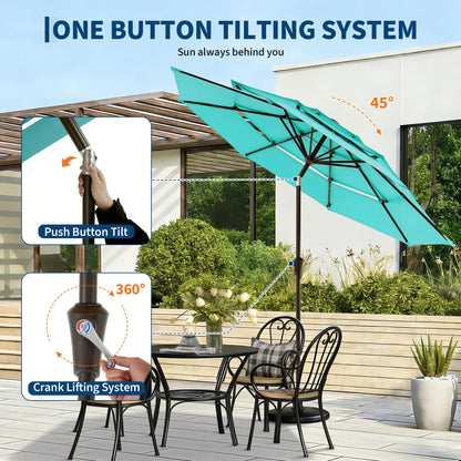 JoanKaren 3 Tier Patio Umbrella with Light, 9ft Outdoor Patio Umbrella with Vented Top, 24 LED Solar Lights, Easy Crank and Push Button Tilt, 8 Sturdy Ribs, for Pool, Deck, Yard, Garden, Light Blue