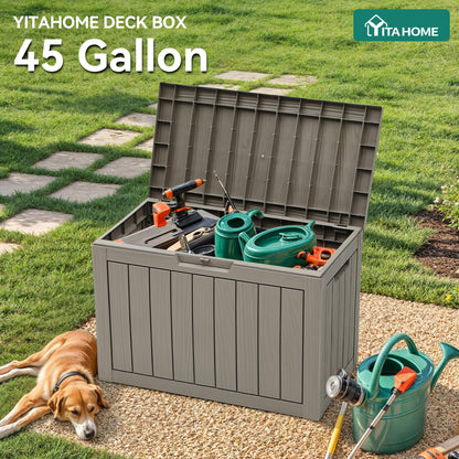 YITAHOME Outdoor Storage Box, 45 Gallon Waterproof Resin Deck Box, Lockable Organizer for Patio, Poolside, Deck, Cushions, Throw Pillows, Garden Tools, Brown