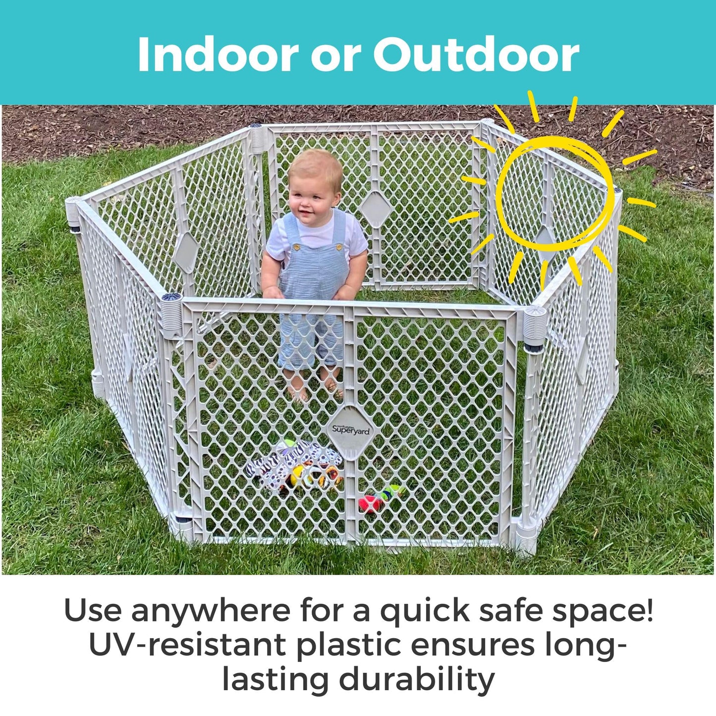 Toddleroo by North States - Superyard Baby Play Yard: Freestanding 6-Panel Baby Playpen - Indoor or Outdoor Use - Made in USA - Encloses Up to 18.5 Square Feet - 26 Inches Tall - Light Gray