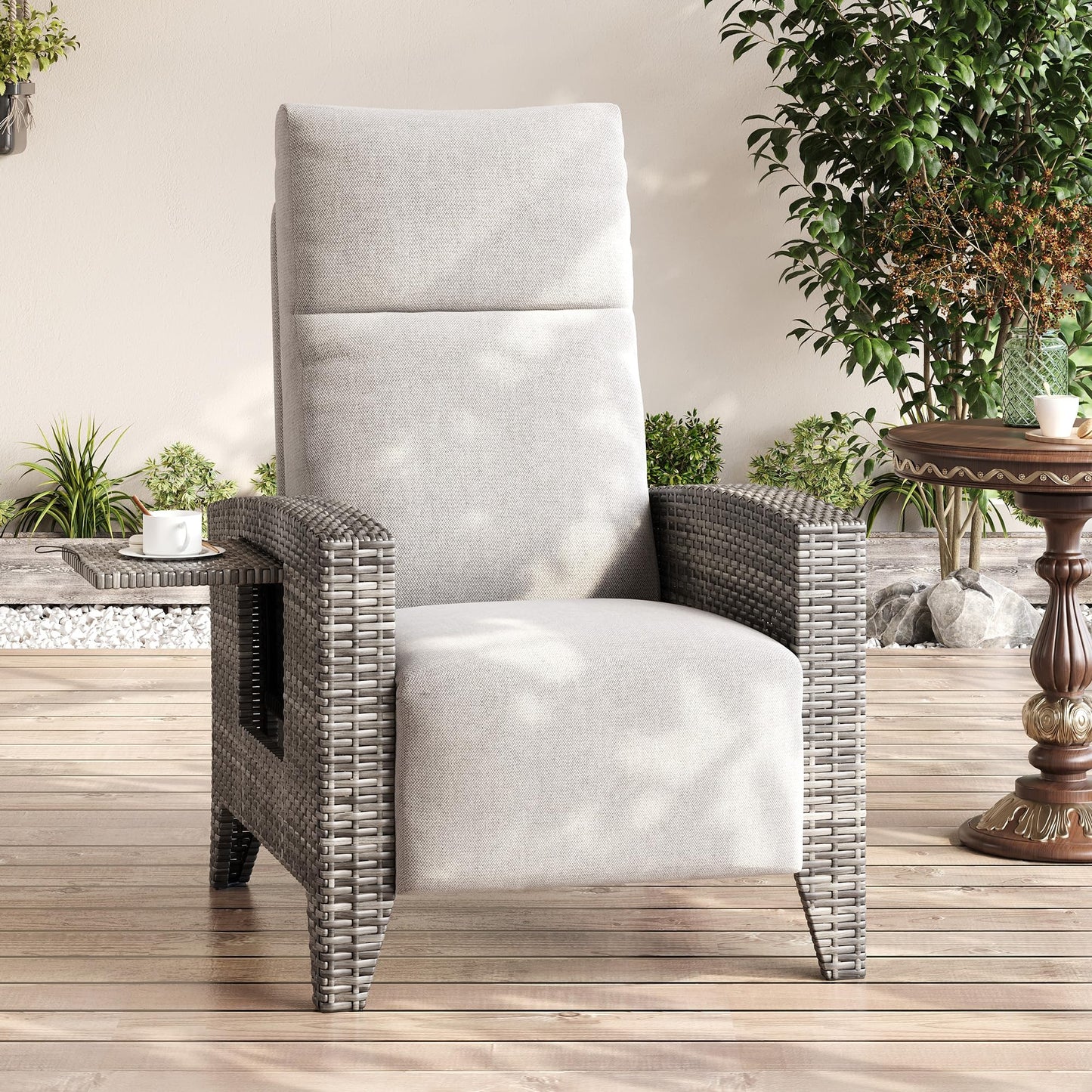 Garvee Wicker Recling Patio Chair with Independent Adjustable Back and Footrest Air Pump 150° Lay Flat Reclining Chair Outdoor Recliner Chair with Extended Footres and Removable Cushion for Garden
