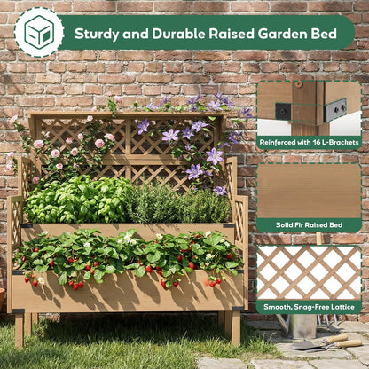 Raised Garden Bed with Trellis & Top Shelf, Outdoor Elevated Planter Box with 2 Planting Areas, Liner & Metal Corners for Climbing Plants, Vegetables, Herbs