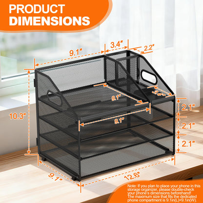 DocNest 4 Tier Metal Mesh Letter Tray - Space Saving Desk File Organizer with Handle, Pen Holder & Folder Holder - Desktop Document Sorter for Office, Home, School, Classroom - Black