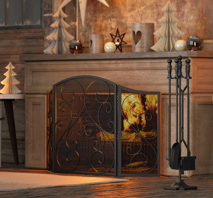 Fire Beauty Fireplace Screen 3 Panel Wrought Iron Metal 48"(L) x30(H) Spark Guard Cover(Black)