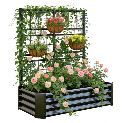 Galvanized Raised Garden Bed with Trellis for Climbing Plants Outdoor,Metal Vertical Garden Planter Box for Patio,Heavy Duty Elevated Garden Bed for Vegetables Tomatoes Cucumbers Flowers Herbs,Black