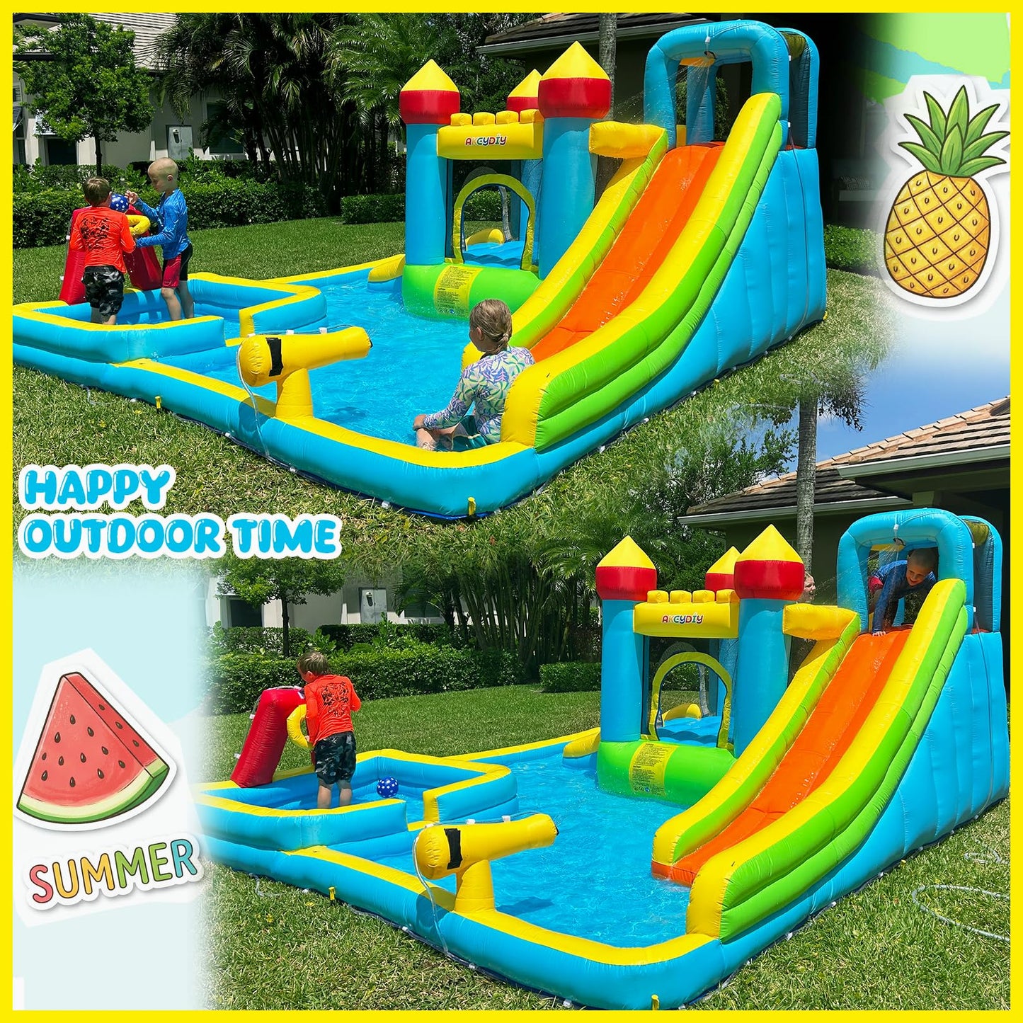 AKEYDIY Water Slide,Outdoor Inflatable Water Slide for Kids,Water Bounce House with Deep Splash Pool,Dual Slide,Big Bounce Area,Water Cannon&Basketball Hoop,Bouncy Castle with 550W Blower for Backyard