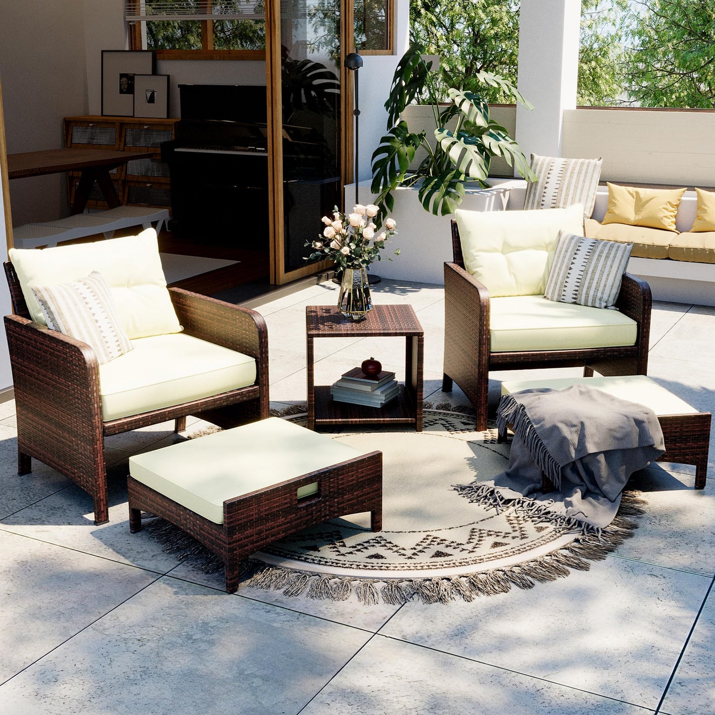 PATIOPIA 5 Piece Patio Furniture Set, All-Weather Patio Furniture with Soft Cushions, PE Wicker Patio Sofa Set with Coffee Table and Ottoman, for Outdoor, Porch, and Balcony (Beige-Brown)