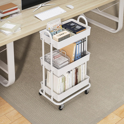 Boeeoan 3-Tier Utility Cart with Wheels, Rolling Cart, Storage Shelves, Multi-Functional Organizer Cart for Bathroom, Office, Kitchen, White
