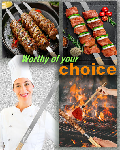 JOWHONK 23.5" Long Kabob Skewers,1 Inch Wide 304 Stainless Steel Barbecue Skewers for Grilling with Wooden Handle,Metal Flat BBQ Skewer for Koubideh Brazilian Shish Kebab Skewer(8),BBQ Mop Brush(1)