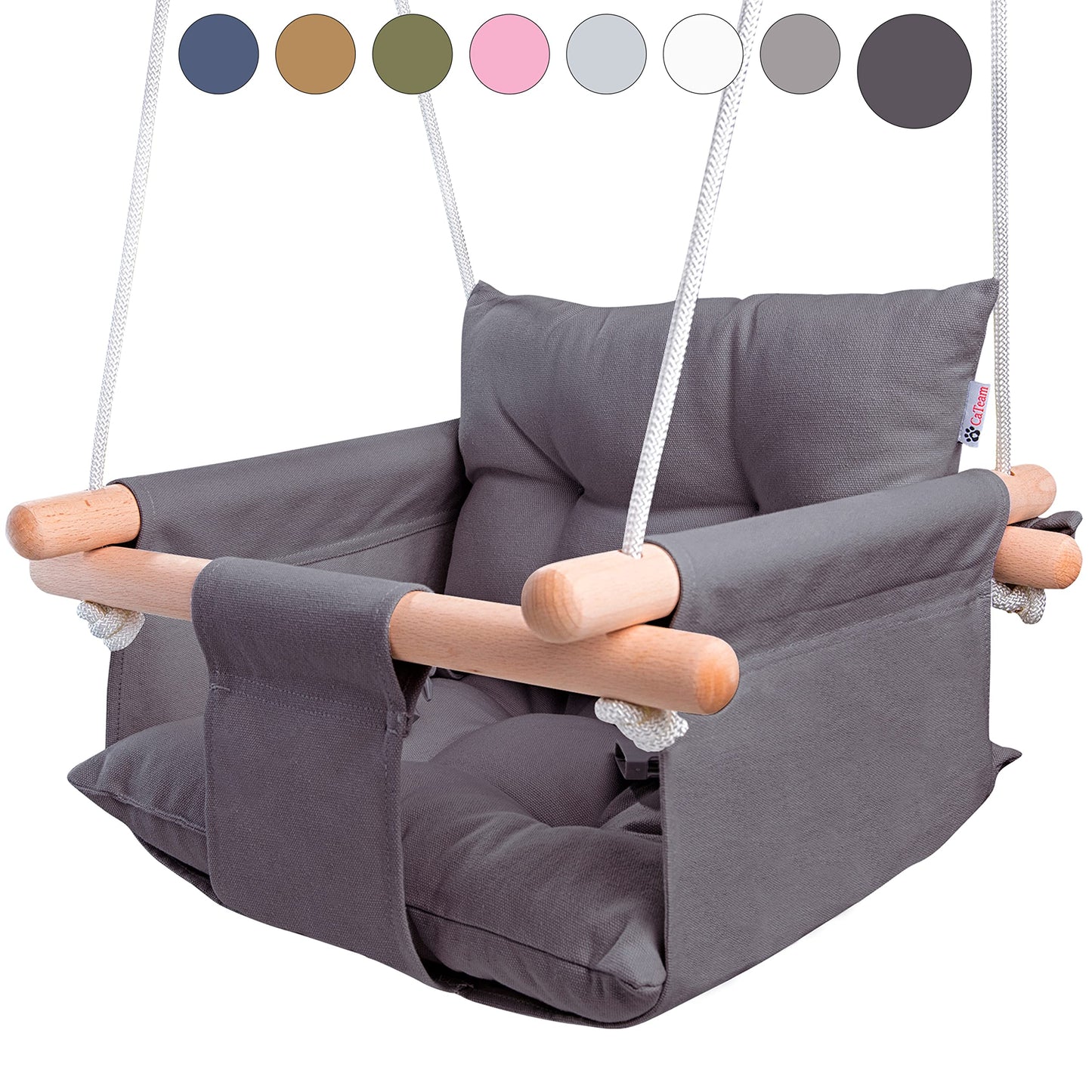 CaTeam Canvas Baby Swing Seat with 5-Point Safety Belt — Wooden Hanging Toddler Swing, Indoor & Outdoor, Ages 1-4, Ceiling Mount Hardware Included, Dark Gray